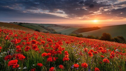 Sunrise over a poppy field