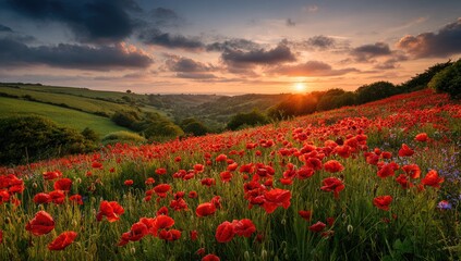 Fototapeta premium Stunning poppy field at sunset