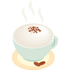 Steaming Cappuccino Coffee Cup With Frothy Foam And Chocolate Sprinkles And Coffee Beans On A Saucer