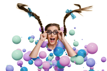 Creative image picture young amazed happy girl student nerd stare glasses 3d bubbles colorful virtual reality simulation