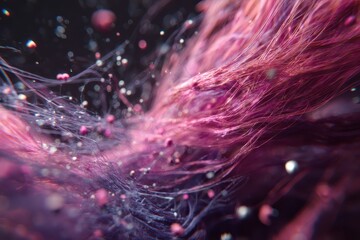Abstract close-up of pink and purple fiber texture with light particles and glowing strands.