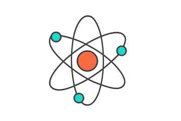 Atomic structure icon with an orange nucleus and blue electrons orbiting, representing science, physics, and chemistry concepts