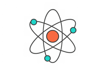 Atomic structure icon with an orange nucleus and blue electrons orbiting, representing science, physics, and chemistry concepts
