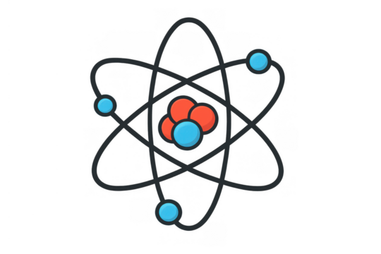 Atomic structure diagram illustrating science, physics, and chemistry concepts with orbiting electrons and nucleus