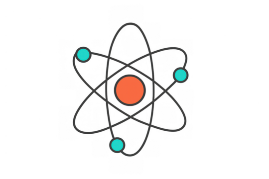 Atomic structure icon with an orange nucleus and blue electrons orbiting, representing science, physics, and chemistry concepts