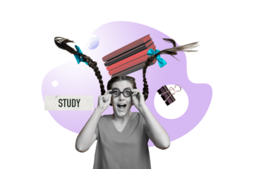Composite photo collage of excited astonished nerd girl wear glasses bookworm student book stack school isolated on painted background