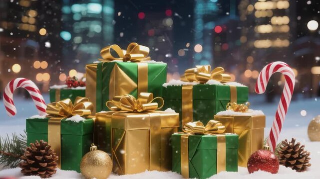 Festive Christmas scene featuring wrapped gifts surrounded by decorations like pine cones, candy canes, and ornaments. Perfect for holiday themes and merry celebrations.