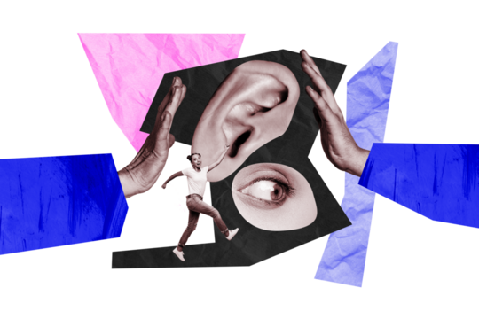 Composite photo collage of girl walk hands give high five body parts inside ear eye partnership business isolated on painted background