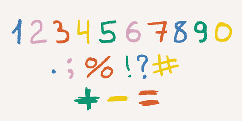 Doodle contemporary numbers and signs made with pencil texture. Primitive abstract form in quirky style. Crayon squiggle with naive energy.