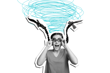 Collage picture of crazy cheerful happy woman wear glasses have fun good mood solated on drawing background