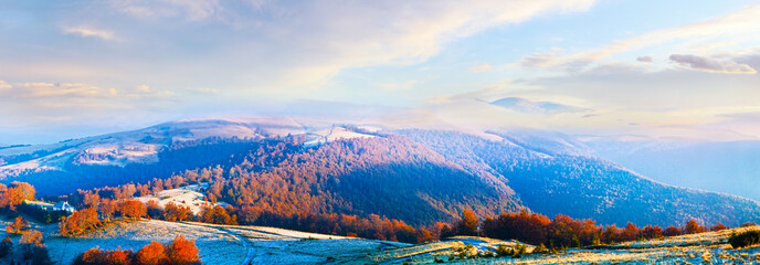 Autumn misty morning mountain panorama