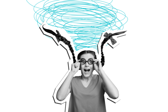 Collage picture of crazy cheerful happy woman wear glasses have fun good mood solated on drawing background - Powered by Adobe