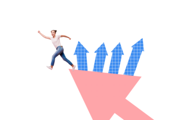 3D photo collage template trend artwork sketch of young lady walk step arrow way direction point strategy success aspiration purpose goal