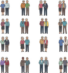Create a kinds of deferent Middle-aged couple character icon woman vector art with white background..