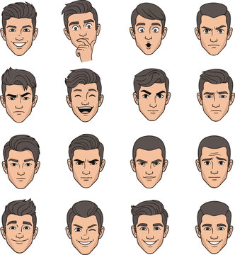 Create a kinds of deferent Business casual young man facial expression illustration set vector art with white background..