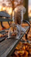 Curious squirrel with bushy tail stands on a wooden park bench surrounded by fallen autumn leaves and blurred orange trees in the background during sunset