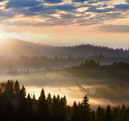 First sunrise rays of sun in Carpathian mountains.