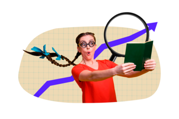 Composite photo collage of astonished girl hold book arrow progress loupe enlarger literature lesson isolated on painted background