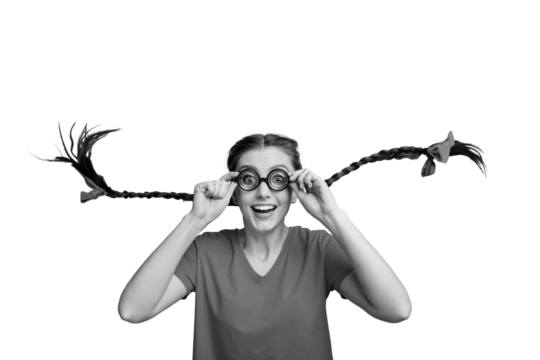 Exclusive art banner collage of astonished girl geek open mouth stupor education school concept brunette hairdo braids bow