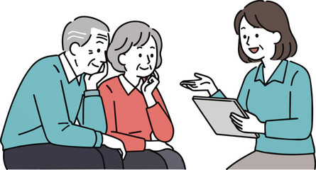 Create a kinds of deferent simple vector icon illustration of a senior couple receiving an explanation from a female planner vector art with white background