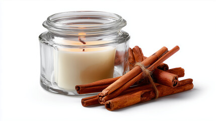 Scented candle with cinnamon sticks isolated