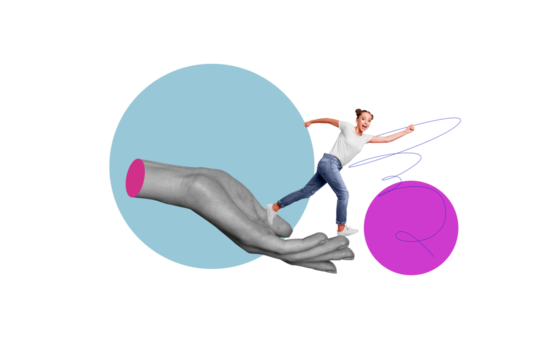 Composite photo collage of happy girl run human palm hand promotion motivated concept aim progress career isolated on painted background