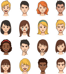Create a kinds of deferent Simple Young men and women facial expression icon illustration set material vector art with white background..