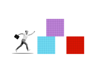 Composite photo collage of happy businesswoman run colorful figurine carry briefcase determination success isolated on painted background