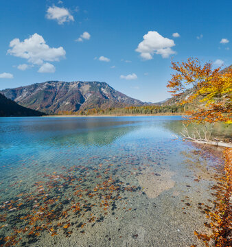 Peaceful Autumn Alps mountain lake Offensee lake, Salzkammergut, Upper Austria.