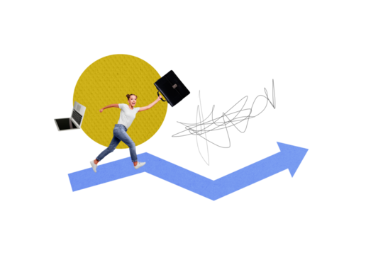 Composite photo collage of excited businesswoman run arrow development carry briefcase laptop progress isolated on painted background