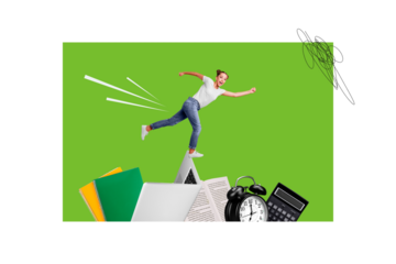 Composite photo collage of happy girl run book notepad supplies laptop alarm clock elearn education college isolated on painted background