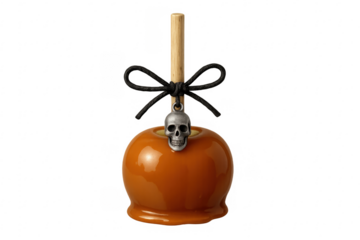 Halloween caramel apple with skull charm transparent background