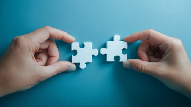 Two hands connecting two intricately designed puzzle pieces, illustrates the powerful concept of collaboration and teamwork in a professional setting, achieve goals and success in business endeavors.