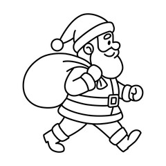 Black and white outline illustration of Santa Claus walking with a large sack slung over his shoulder. Clean line art style for holiday-themed projects, stickers, or educational materials.
