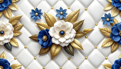 Obraz premium Elegant White Quilted Background with Ornate Blue and Gold Floral Embellishments Luxurious Decorative Art