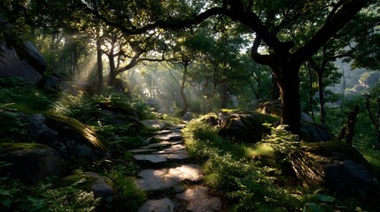 Obraz premium Tranquil stone path winds through a lush green forest as powerful, golden sunbeams break through the tree canopy, creating an ethereal, magical light.