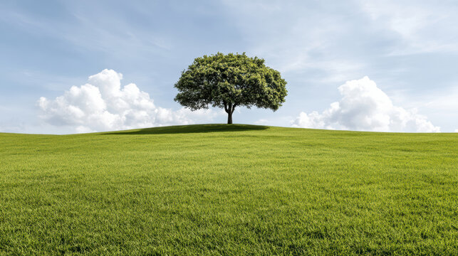 Serene landscape featuring single tree on vast green field under blue sky with fluffy clouds - Powered by Adobe