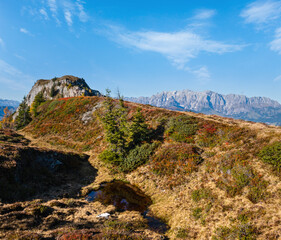 Peaceful autumn Alps mountain sunny view from hiking path from Dorfgastein to Paarseen lakes, Land Salzburg, Austria.
