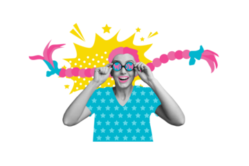 Composite photo collage of happy excited girl wear pink wig braids watch colorful sunglass stars tshirt isolated on painted background