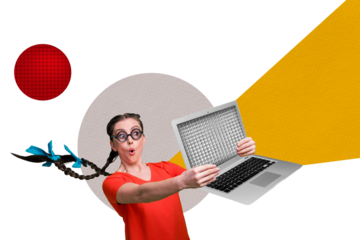 Composite photo collage of astonished girl hold broke laptop device cyberattack security unexpectedness isolated on painted background