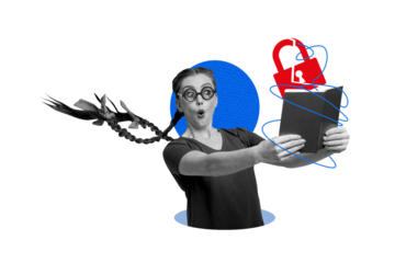 Creative trend collage of funny female read book nerd lock sign in private information weird freak bizarre unusual fantasy