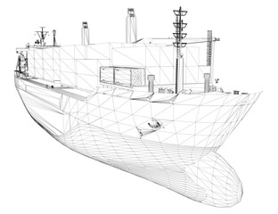 A 3D wireframe model of a large container ship blueprint, featuring detailed hull structure, superstructure, and cargo layout on a clean white background.