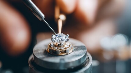 A skilled artisan focuses intently on polishing a sparkling diamond, showcasing expertise during a detailed crafting moment