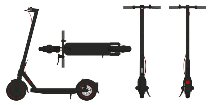 Set of Electric scooter with a sleek modern design, large round headlight, and comfortable seat. The polygonal style wheels and adjustable handlebar enhance its stylish appearance. 3D