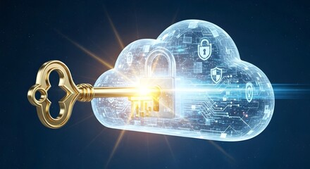 Cybersecurity & Cloud Access: Ornate gold key unlocks a futuristic digital cloud padlock. Represents data protection, privacy, and network solution