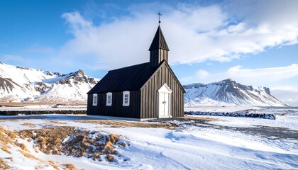 A dark, wooden church stands in a snowy landscape with mountains against a blue sky with fluffy clouds