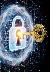 Cybersecurity & Cloud Access: Ornate gold key unlocks a futuristic digital cloud padlock. Represents data protection, privacy, and network solution
