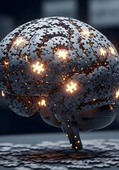 3D brain as complex jigsaw with glowing pieces symbolizing ideas, intelligence, and finding solutions