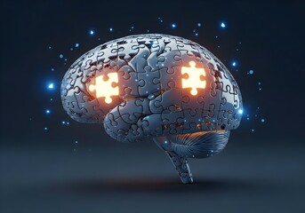 3D brain as complex jigsaw with glowing pieces symbolizing ideas, intelligence, and finding solutions
