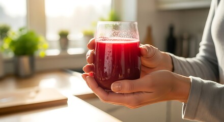 Close-up shot of a person holding a glass of vibrant red juice in a kitchen setting.